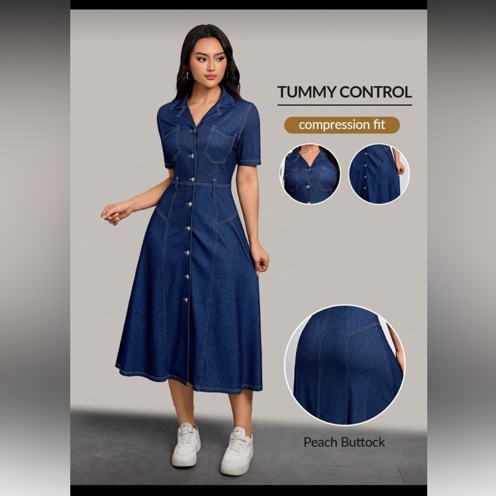 SHEIN Blue Denim Button-Front Midi Dress